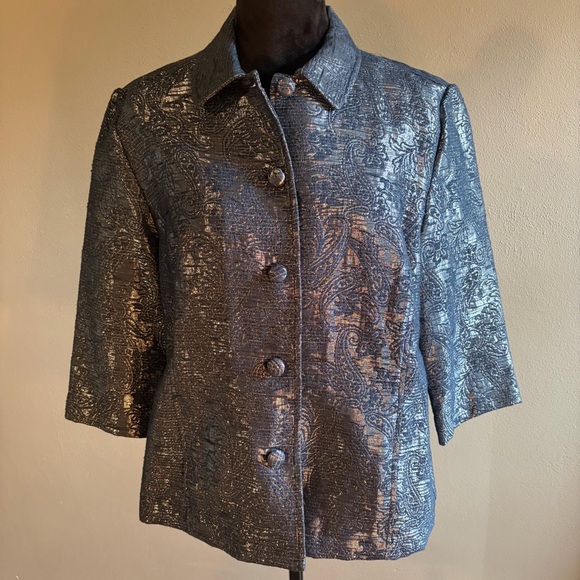 Alfred Dunner Silver Gray Metallic Paisley Blazer Jacket 3/4 Sleeve Shimmer 14P - Picture 3 of 15